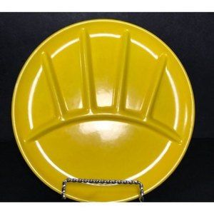 1 Vintage yellow MCM enamel divided dish Mid century modern metal fondue plate,